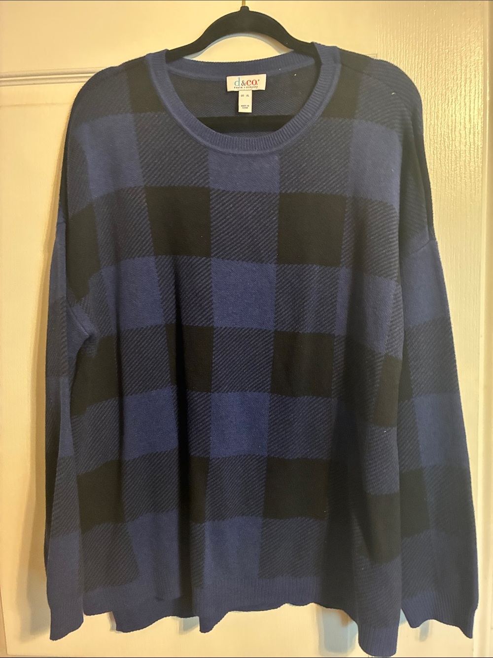 Denim&Co Blue and Black Buffalo Check Crewneck Sweater